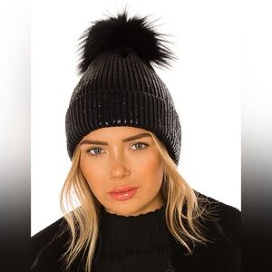 Adrienne Landau Black Knit Beanie with Fur Pom Pom-NWT